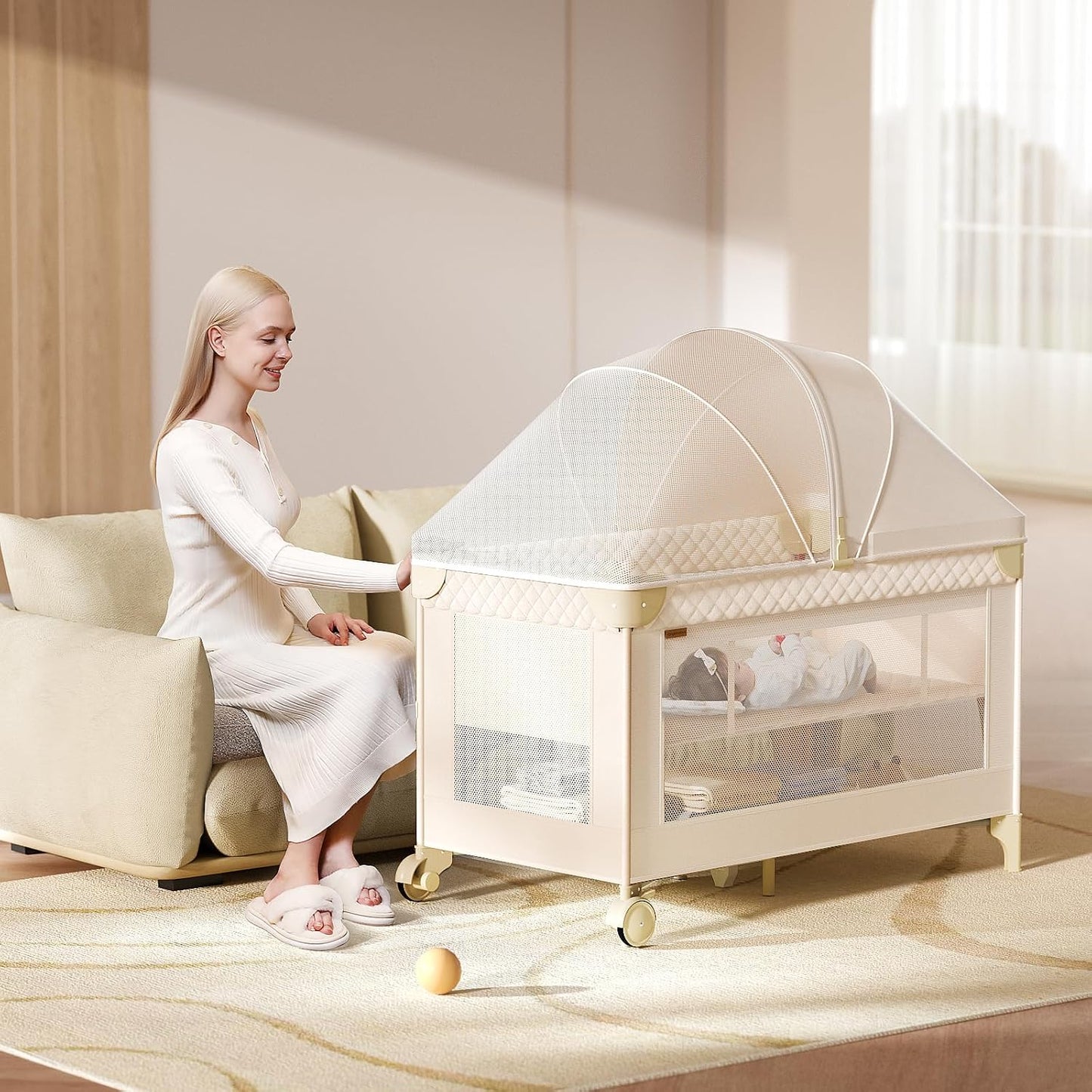 Baby Bassinet,Pack and Play,Bedside Crib Sleeper,Diaper Changer | One-Step Fold, Large Size Pack N Play, Comes with Mattress, Mosquito Net, Side Storage and Toy Bar, for Newborn to Toddler