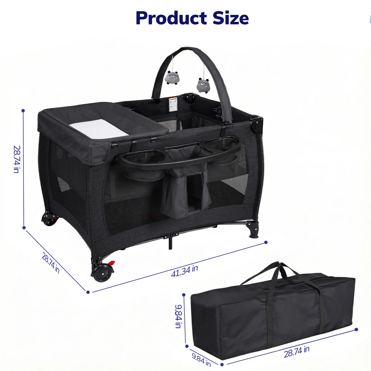 Baby Playard with Detachable Infant Bassinet and Changing Table, Foldable Travel Play Yard with Storage Basket and Wheels,Black