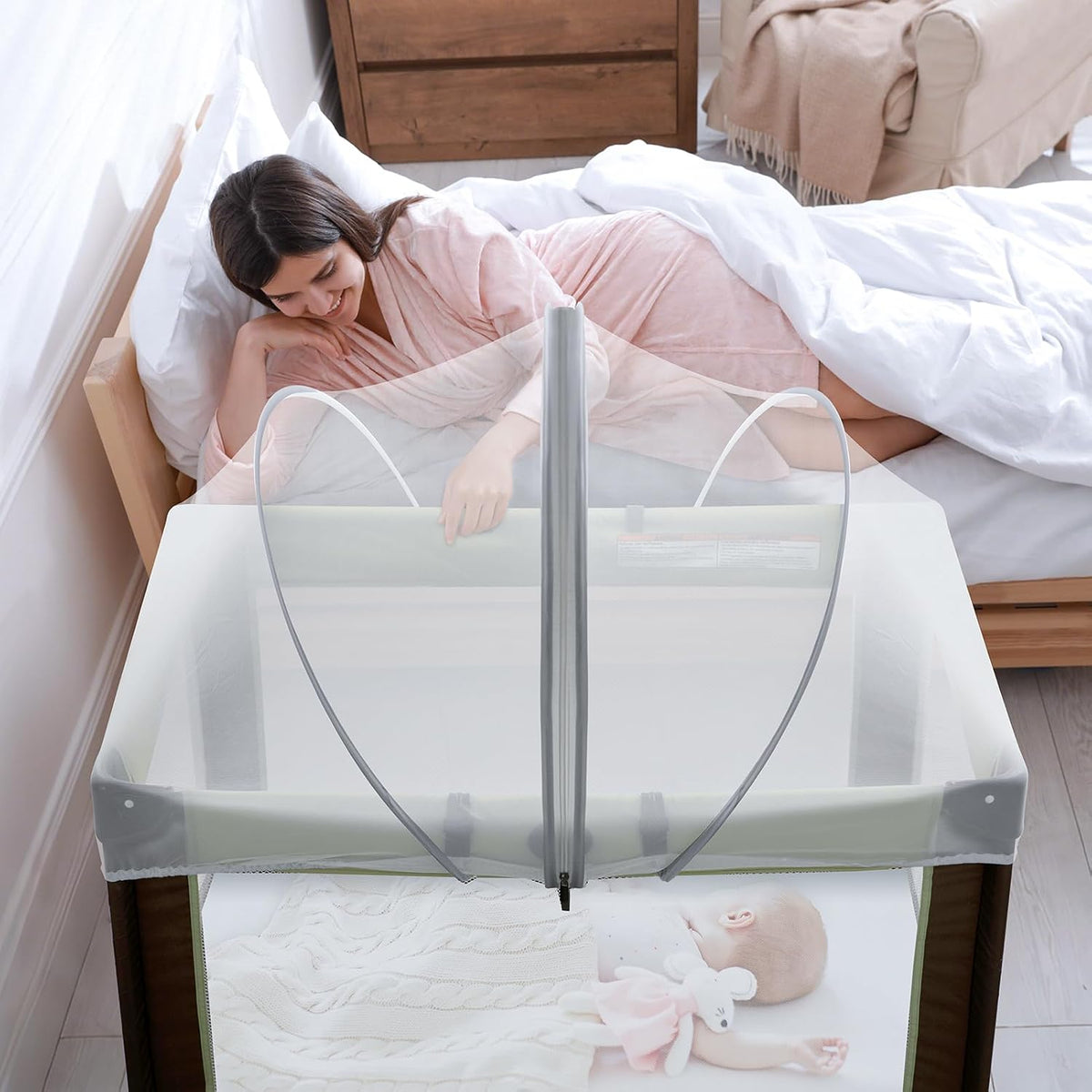 Pack and Play Cover - Crib Net Breathable Mesh Canopy with 2-Way Zipper, Keep Cats & Insects Out for Baby Bassinet/Bedside Sleeper/Travel Crib, Portable with Storage Bag(White-Large)