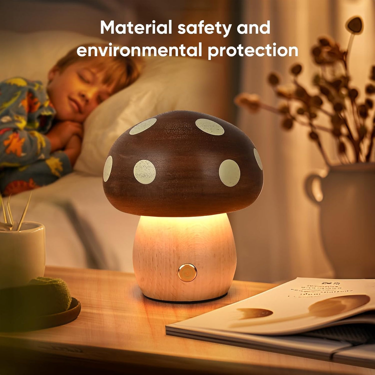 2Pack Wood Small Mushroom Table Lamp, LED Rechargeable Cordless Touch Bedside Lamps, Wireless Stepless Dimming Night Light, Portable Battery Lamp for Bedroom Nightstand for Birthday Gifts