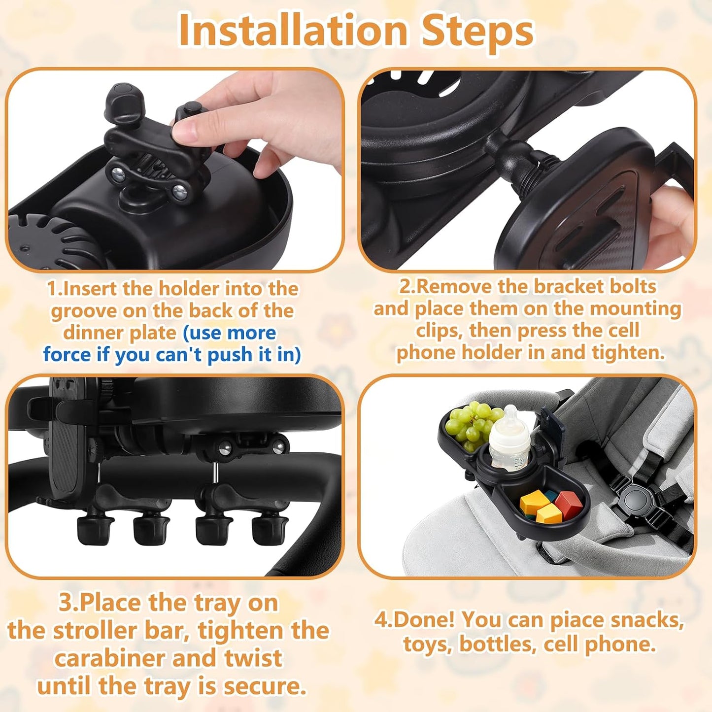 Universal Stroller Snack Tray, Baby Stroller Tray Attachment | 4-In-1 Stroller Tray with Cup Holder and Phone Holder, 360°Rotating Design Compatible with Popular Baby Strollers