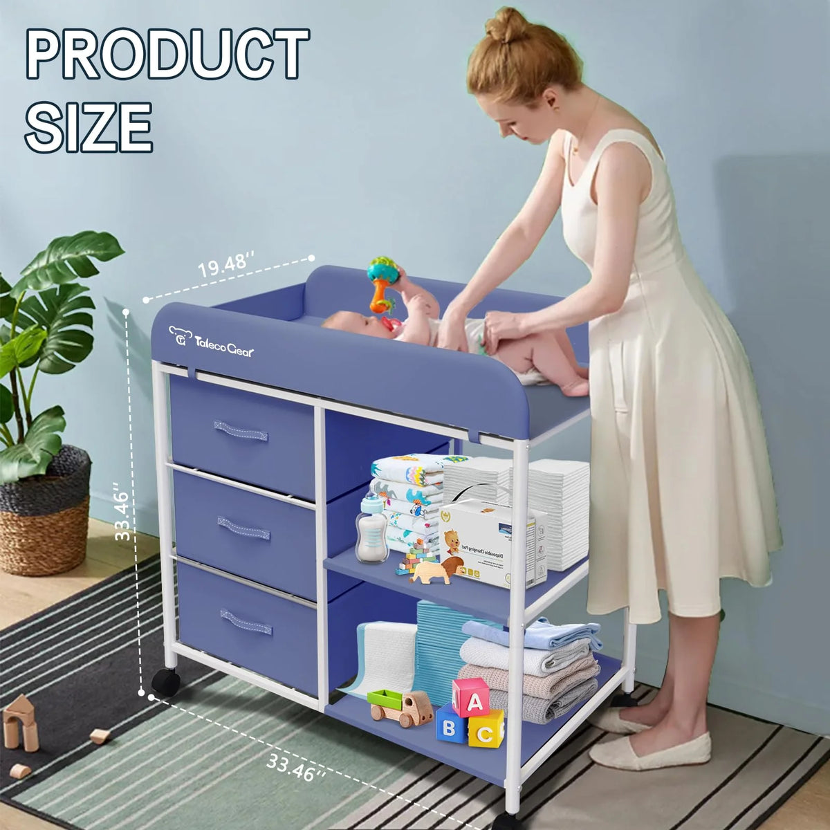 Baby Changing Table, Portable Diaper Changing Station with Wheels, Nursery Organizer for Newborn and Infant, Blue