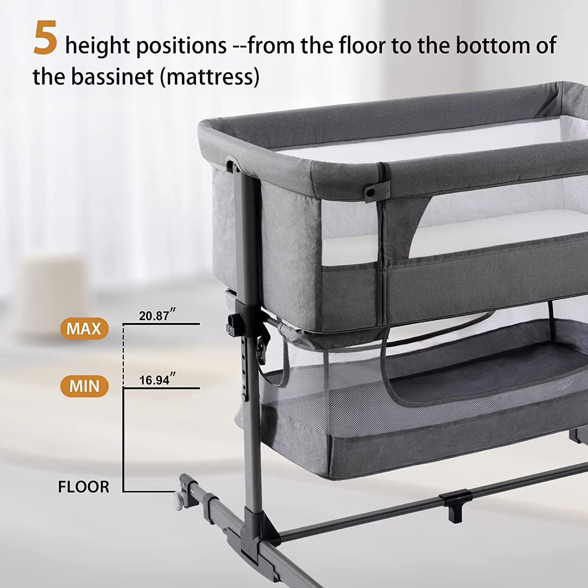 Baby Bassinet 3 in 1 Adjustable Bedside Sleeper Bed for Infant Baby with Breathable Net, Gray