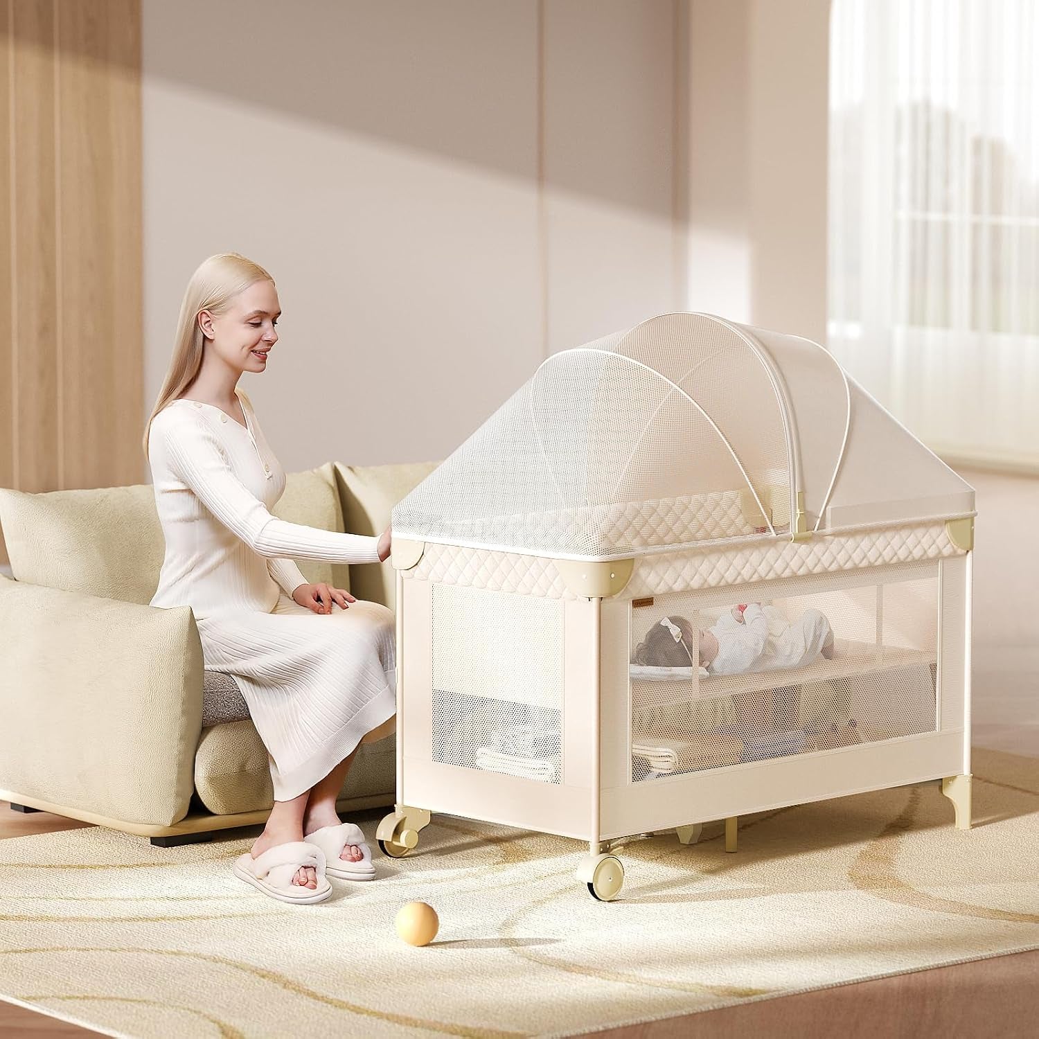 Baby Bassinet,Pack and Play,Bedside Crib Sleeper,Diaper Changer | One-Step Fold, Large Size Pack N Play, Comes with Mattress, Mosquito Net, Side Storage and Toy Bar, for Newborn to Toddler
