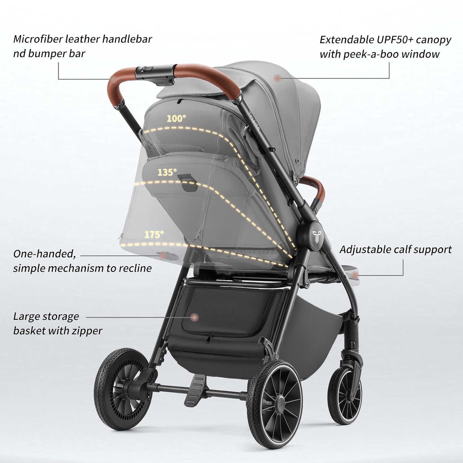 Stroller for Babies,Toddler Strollers with Large UPF 50+ Canopy,Luxury Baby Stroller with Leather Handle & Spacious Seat, One-Hand Foldable Pushchair,Baby Carriage with Lie-Flat Mode(Gray)