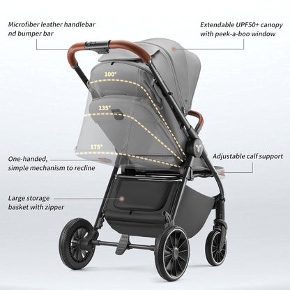 Stroller for Babies,Toddler Strollers with Large UPF 50+ Canopy,Luxury Baby Stroller with Leather Handle & Spacious Seat, One-Hand Foldable Pushchair,Baby Carriage with Lie-Flat Mode(Gray)