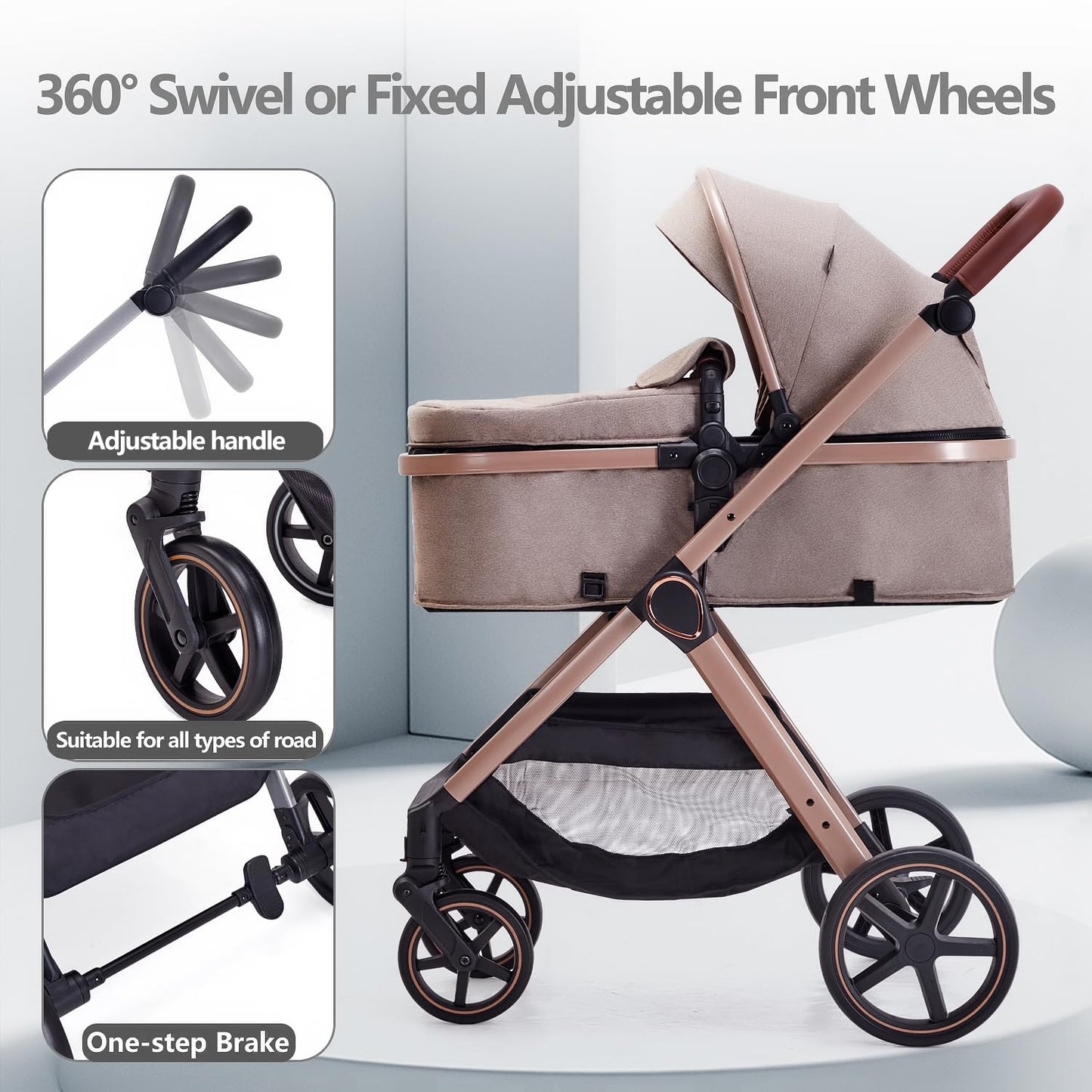2 in 1 Baby Stroller, Newborn Infant Toddler Convertible Pram Stroller for 0-36 Months Old Babies (Beige)