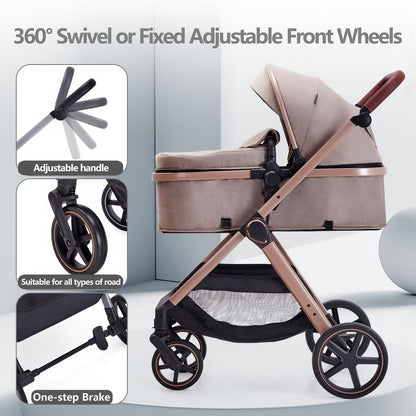 2 in 1 Baby Stroller, Newborn Infant Toddler Convertible Pram Stroller for 0-36 Months Old Babies (Beige)