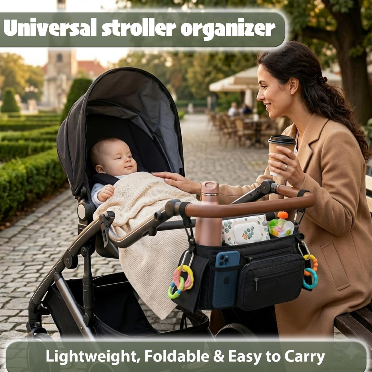 Stroller Organizer Bag with Insulated Cup Holder, Universal Stroller Caddy with Straps & Hooks, Baby Stroller Organizer, Detachable Zippered Pouch, Adjustable Shoulder Strap with Large Storage