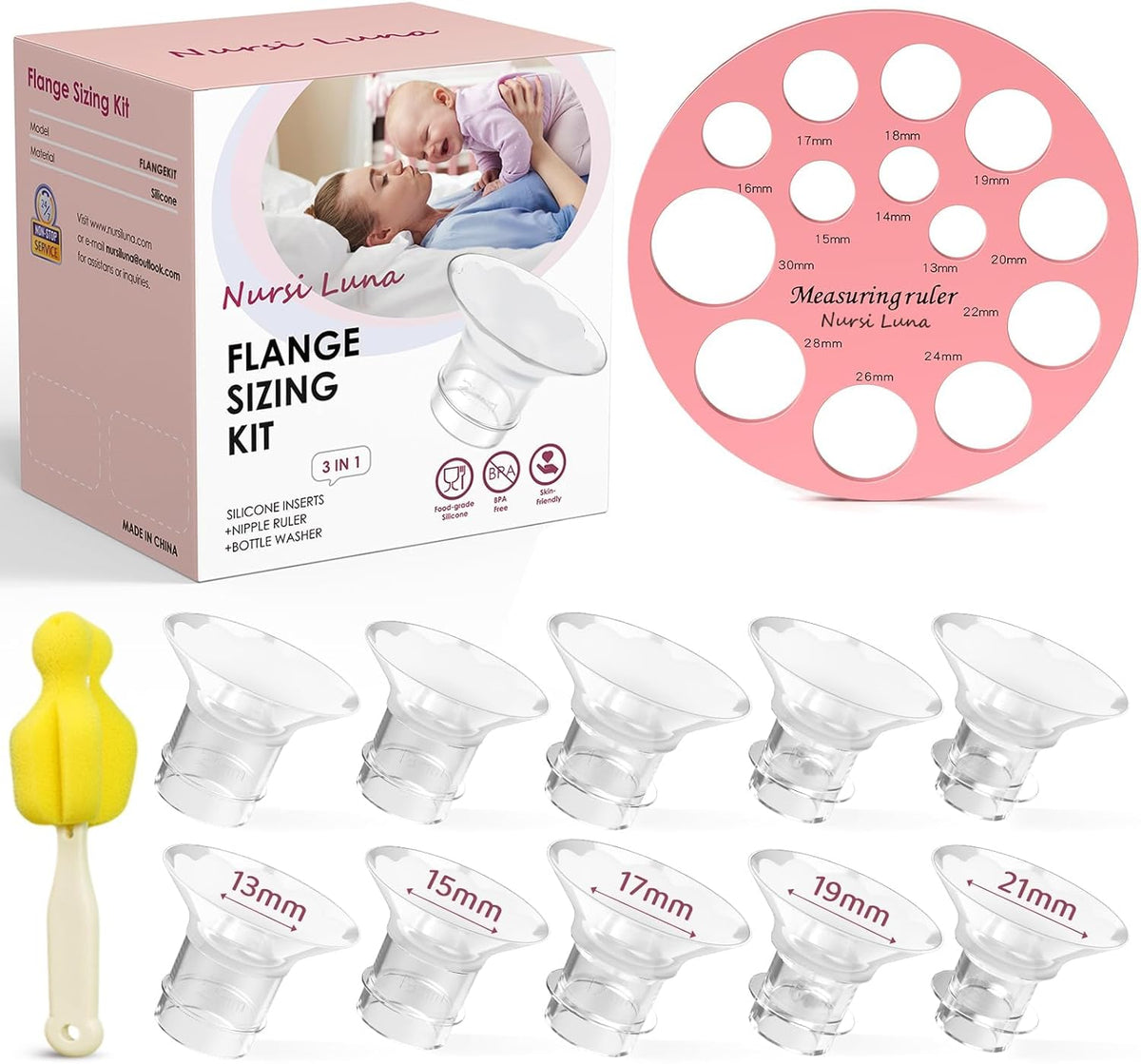 Flange Sizing Kit, Flange Inserts for 24Mm Breast Pumps, 10PCS | 13/15/17/19/21Mm, Includes Nipple Sizer for Flanges to Find the Right Fit, Soft Silicone for Comfortable & Efficient Pumping