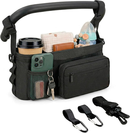 Stroller Organizer Bag with Insulated Cup Holder, Universal Stroller Caddy with Straps & Hooks, Baby Stroller Organizer, Detachable Zippered Pouch, Adjustable Shoulder Strap with Large Storage