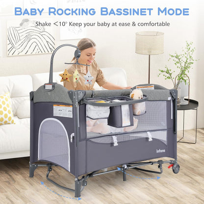 Pack and Play, 5 in 1 Baby Bedside Sleeper with Bassinet, Diaper Changer, Mattress, Carry Bag, Music Box Hanging Toys, Foldable Bedside Crib, Portable Playard for Newborn Toddlers (Classic)