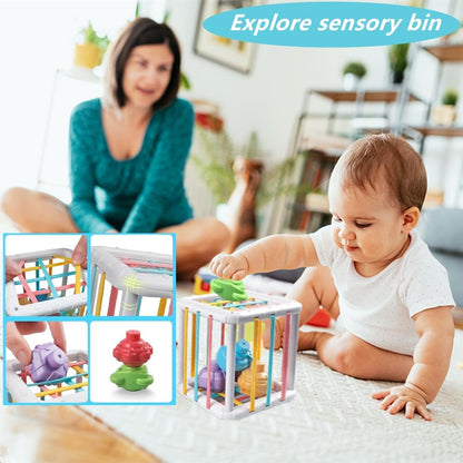 Baby Toys 6-12 Months, Montessori Toys for 1 Year Old, Silicone Pull String Teether Toy, Stacking Building Blocks Infant Toddler Toy 0-3, Shape Bin Sensory, Baby Boys&Girls Gifts Set