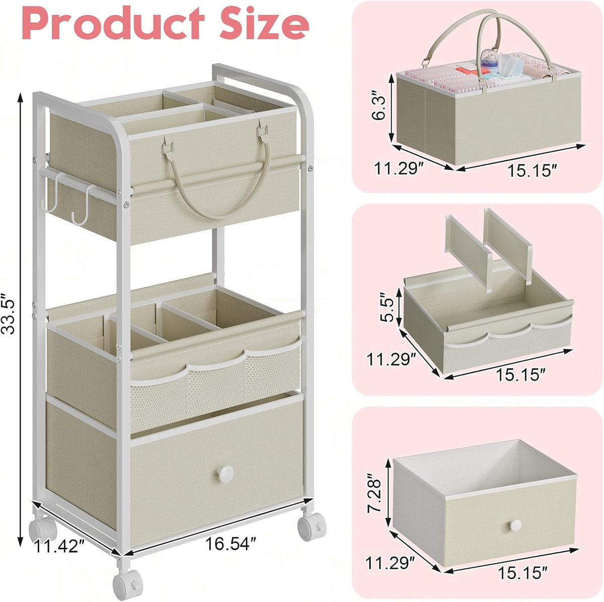 2In1 Baby Diaper Caddy Organizer and Storage, 3 Tier Rolling Cart with Drawer, Detachable Dividers, Mobile Utility Cart Baby Dresser Clothes Organizer for Baby Essentials, Bedroom, Nursery