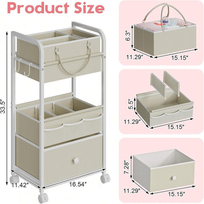 2In1 Baby Diaper Caddy Organizer and Storage, 3 Tier Rolling Cart with Drawer, Detachable Dividers, Mobile Utility Cart Baby Dresser Clothes Organizer for Baby Essentials, Bedroom, Nursery