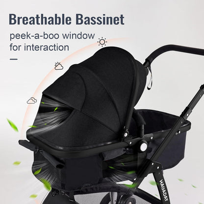 Baby Stroller, 2-In-1 Reversible Toddler Seat with Lie-Flat Mode, Foldable Infant Stroller with Canopy, One Button Brake, Adjustable Handle, Newborn Pushchair (Black B)