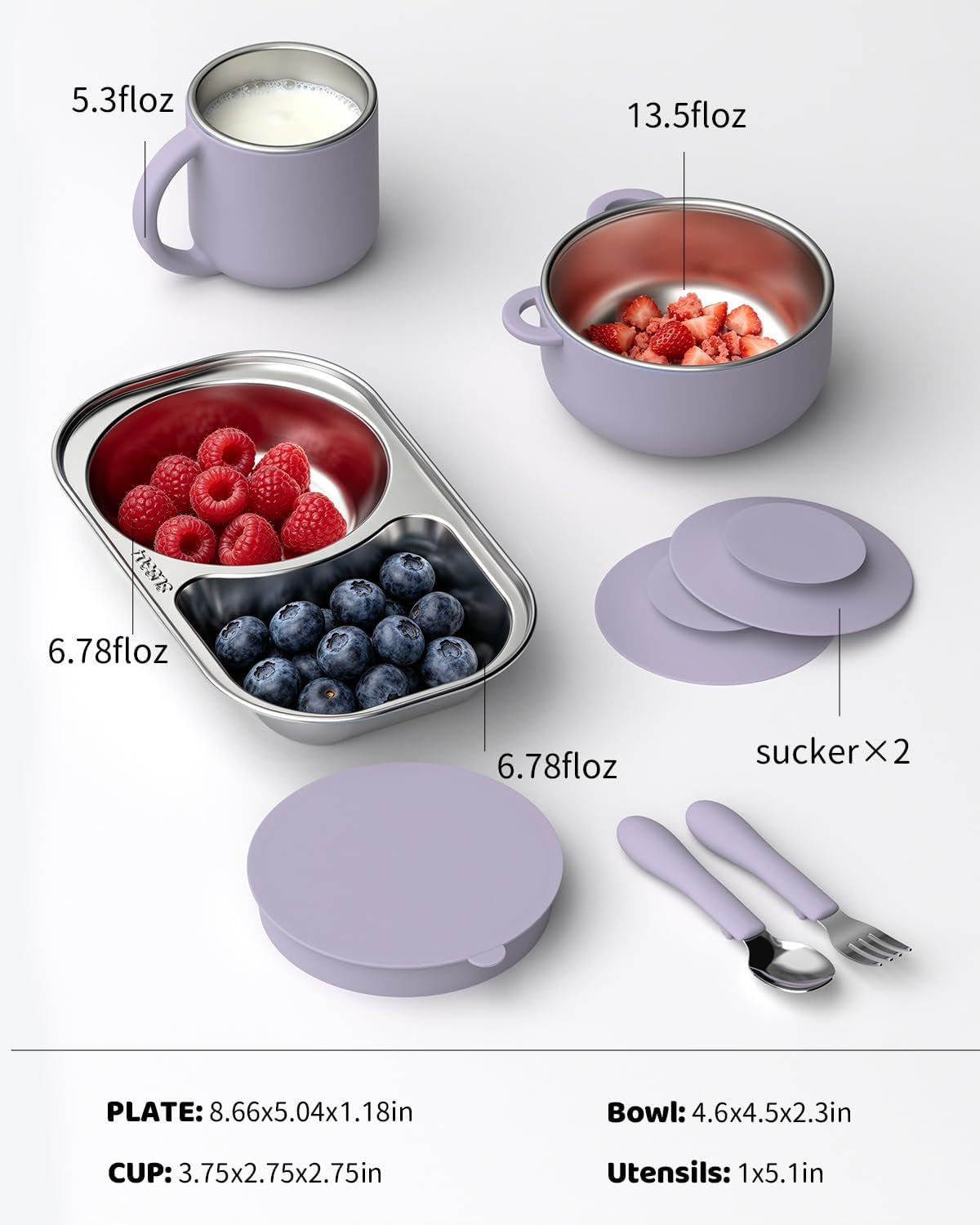 Stainless Steel Baby Feeding Set with Detachable Suction Base, Toddler Plates, Bowl, Cup & Kids Utensils, Grow-With-Baby Feeding Essentials for Self Feeding, Toddler Dinnerware Snack, Lilac