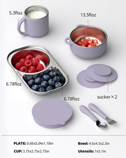 Stainless Steel Baby Feeding Set with Detachable Suction Base, Toddler Plates, Bowl, Cup & Kids Utensils, Grow-With-Baby Feeding Essentials for Self Feeding, Toddler Dinnerware Snack, Lilac
