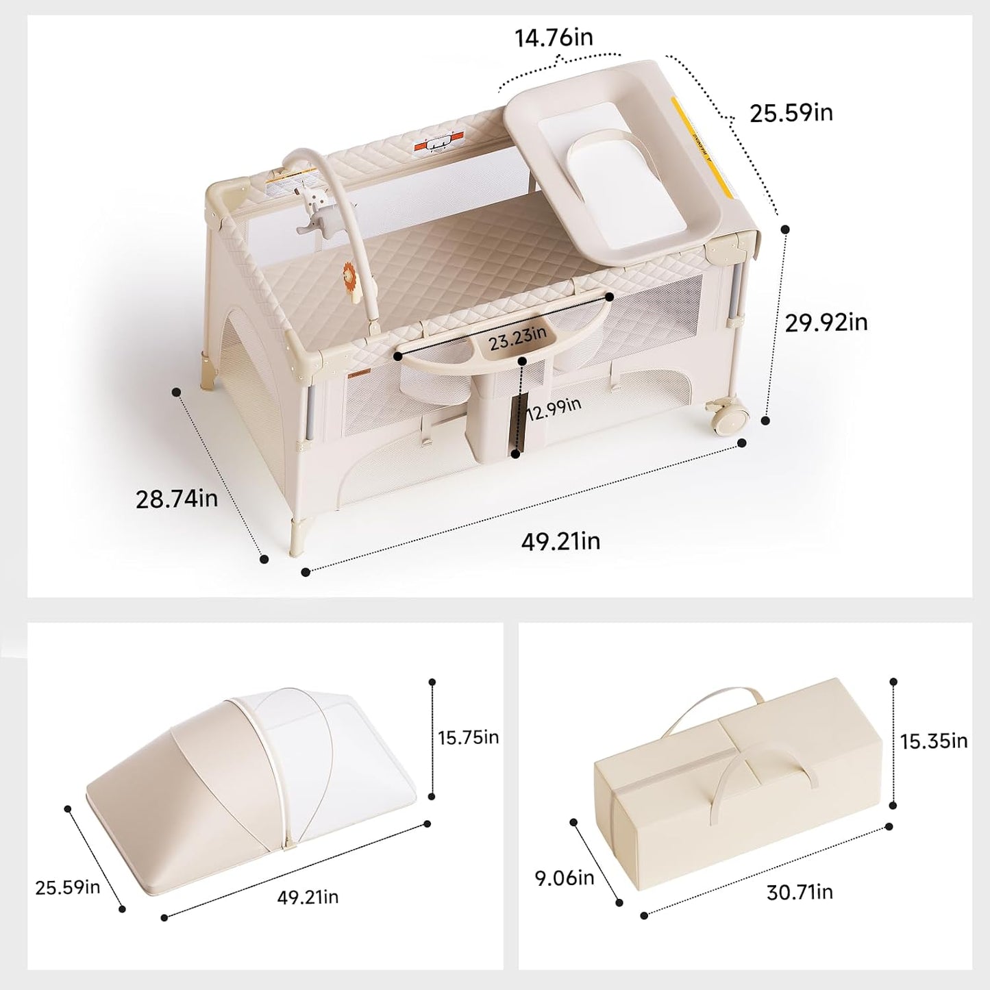 Baby Bassinet,Pack and Play,Bedside Crib Sleeper,Diaper Changer | One-Step Fold, Large Size Pack N Play, Comes with Mattress, Mosquito Net, Side Storage and Toy Bar, for Newborn to Toddler