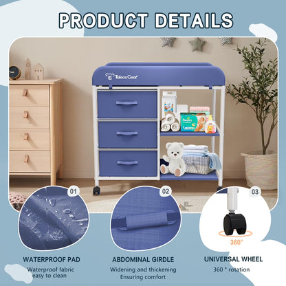 Baby Changing Table, Portable Diaper Changing Station with Wheels, Nursery Organizer for Newborn and Infant, Blue