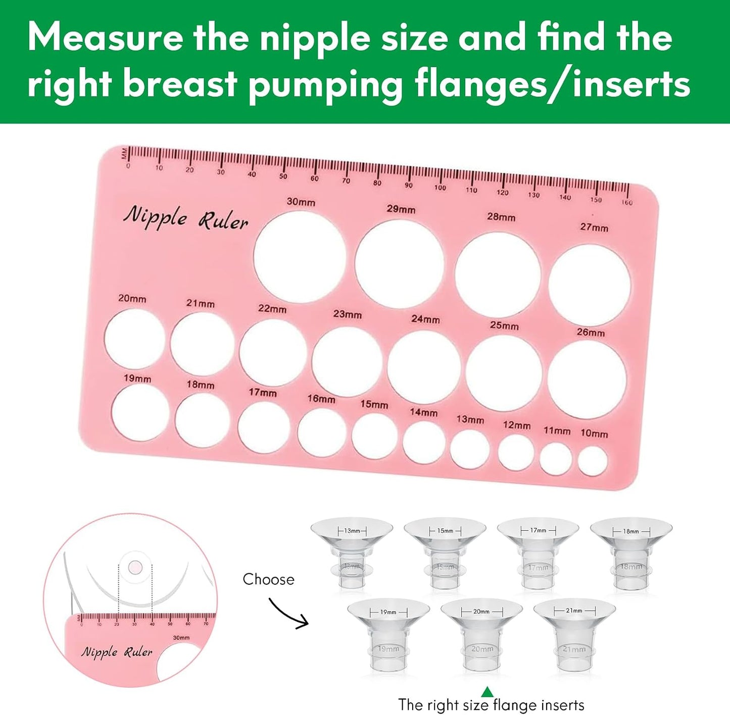 Nipple Measurement Tool Compatible with Flange Inserts, Flange Size Measure for Nipples, Nipple Sizer Measure, Nipple Flange Insert Measuring Tool, Nipple Ruler for Breast Pump Flange Sizing (Pink)