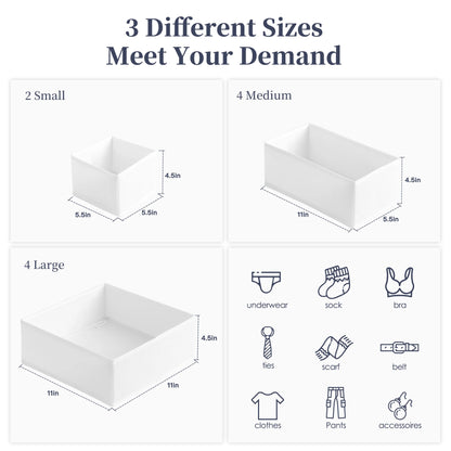 9 Pack Drawer Organizers for Clothes, Foldable Fabric Closet Organizers and Drawer Dividers for Clothing, Baby Clothes, Socks, Underwear & Accessories, White