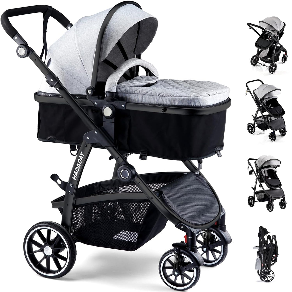 Baby Stroller, 2-In-1 Reversible Toddlerseat with Lie-Flat Mode, Foldable Infant Stroller with Canopy, One Button Brake, Adjustable Handle, Newborn Pushchair (Gray B)