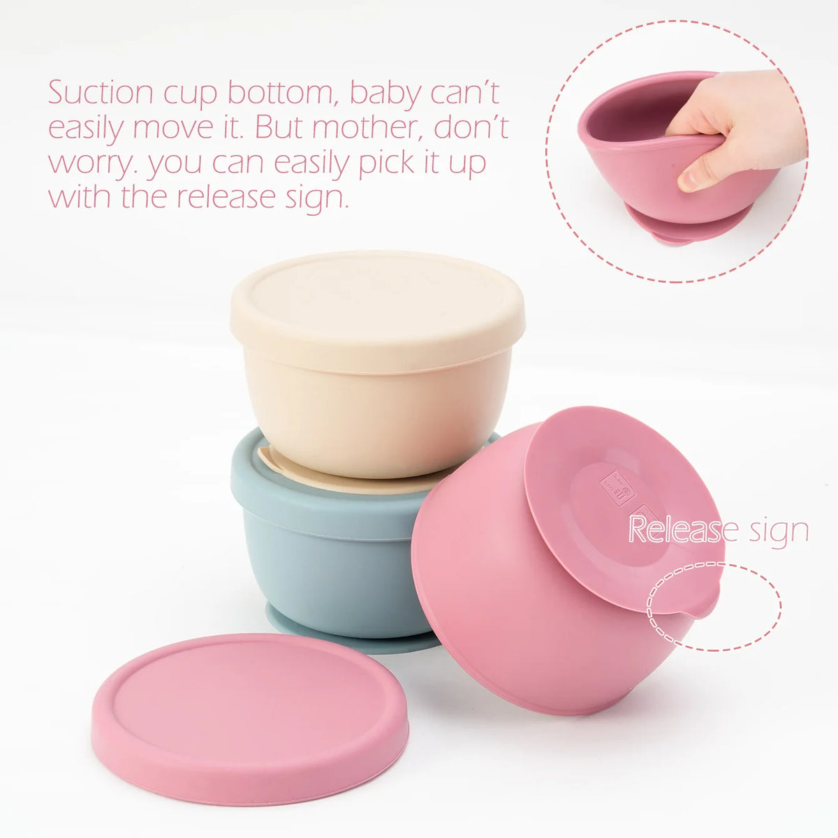 1PC Silicone Baby Feeding Bowl with Suction Cup Portable Food Storage Container with Lids Toddler Solid Self Feeding Tableware