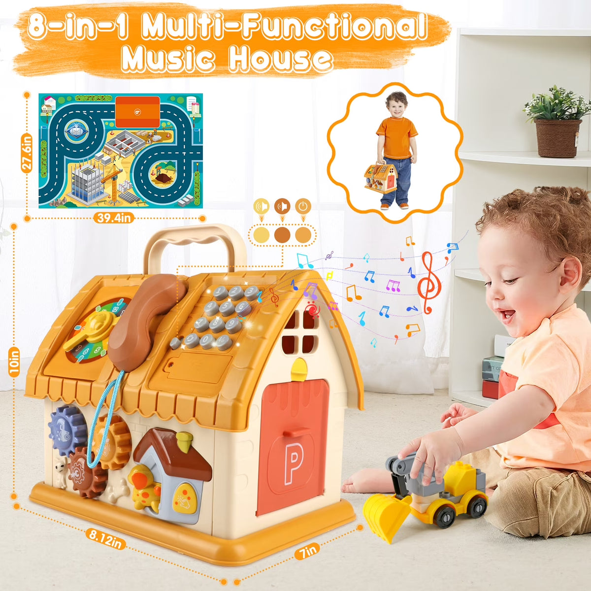 Toddler Montessori Toys for 1+ Year Old, 8-In-1 Multi-Functional Learning House, with 4 Building Cars and Map, Sound & Light Early Educational Kids Christmas Gifts