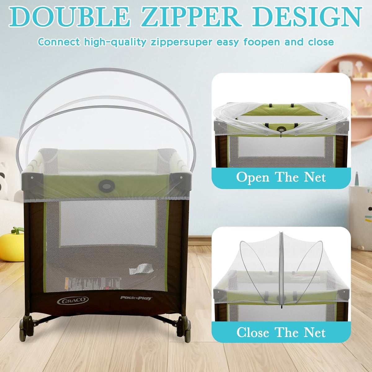 Pack and Play Cover - Crib Net Breathable Mesh Canopy with 2-Way Zipper, Keep Cats & Insects Out for Baby Bassinet/Bedside Sleeper/Travel Crib, Portable with Storage Bag(White-Large)