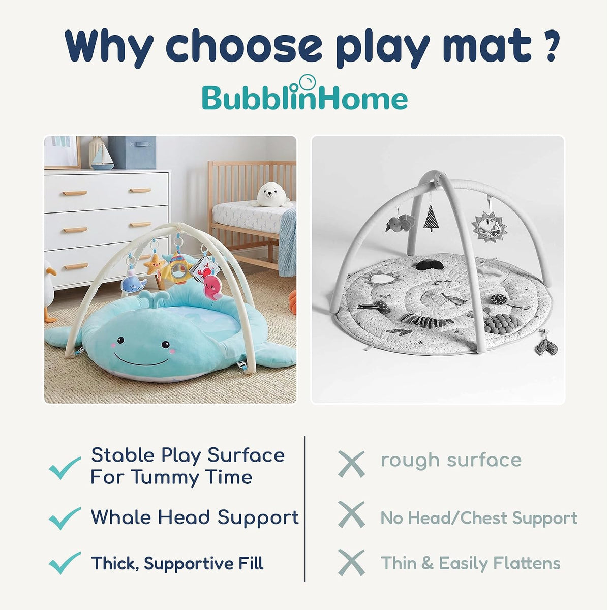 Baby Play Tummy Time Mat | Plush Cotton Surface Play Mat with Sensory Toys, Tummy Time Gym for Newborns 0 12 Months Baby Girls Boys