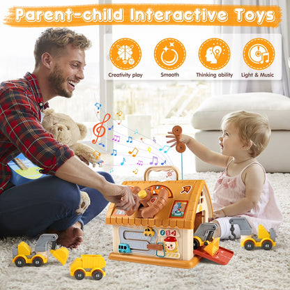 Toddler Montessori Toys for 1+ Year Old, 8-In-1 Multi-Functional Learning House, with 4 Building Cars and Map, Sound & Light Early Educational Kids Christmas Gifts