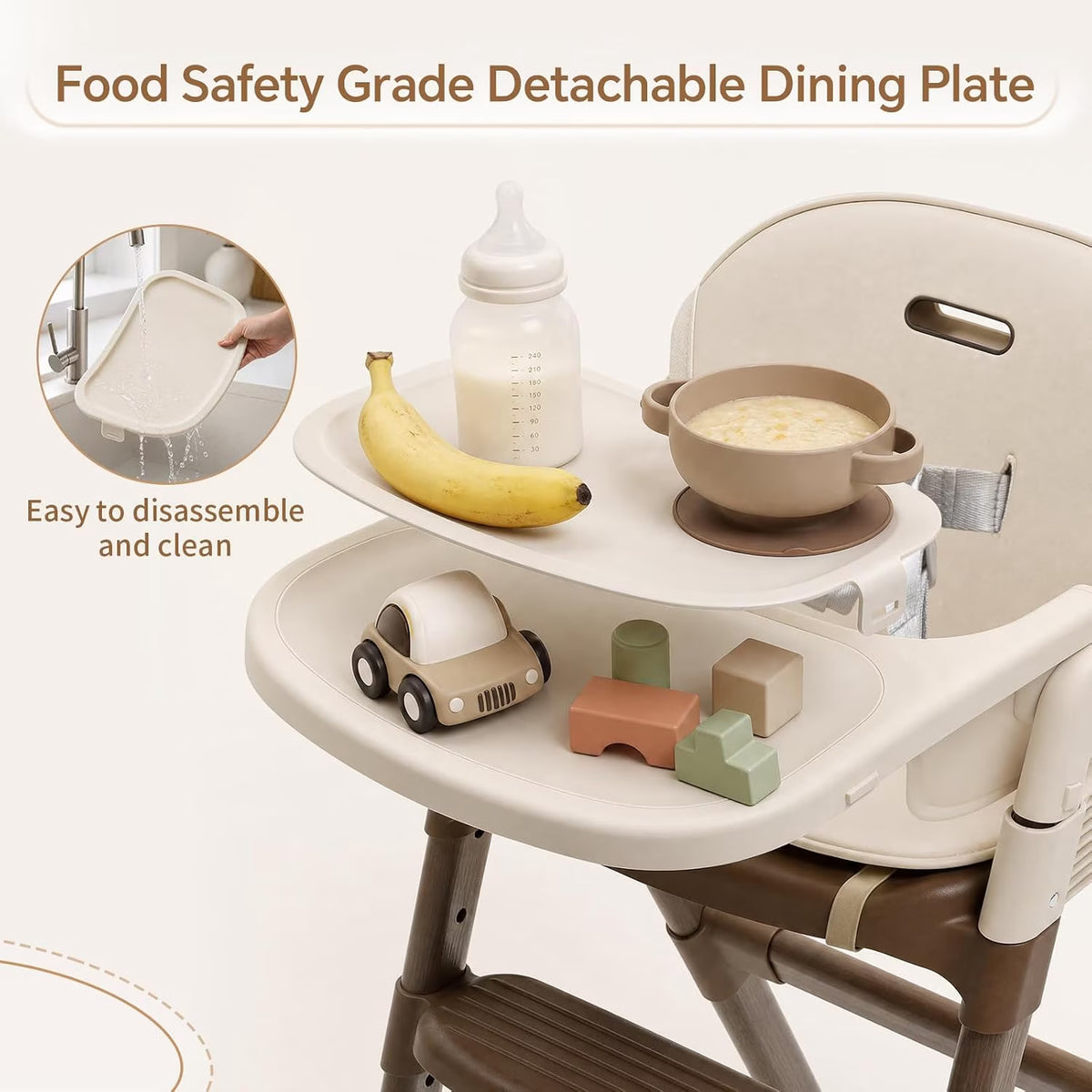 Foldable High Chair for Baby, Easy-To-Clean Feeding Chair with Removable Tray, Adjustable Legs and Seat Belt for Infant Toddlers,Beige