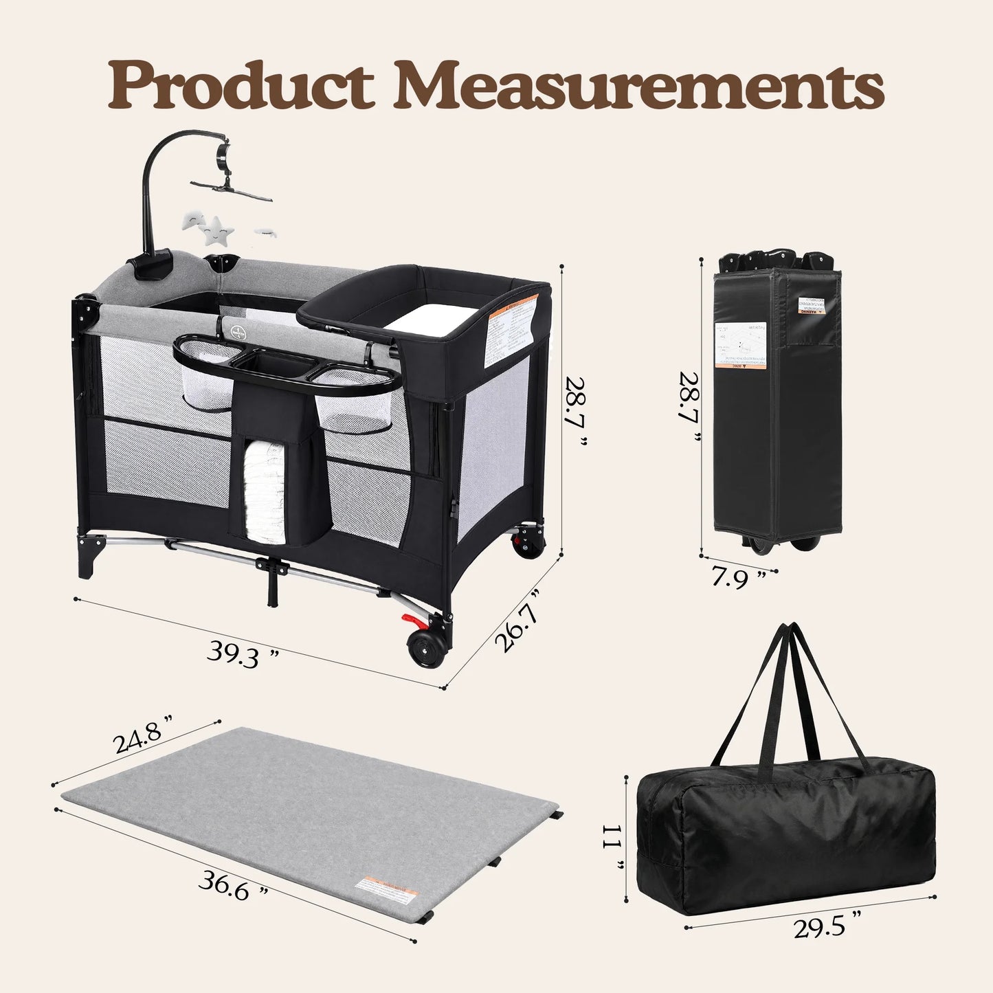 Foldable Baby Bedside Crib Bassinet, Infant Pack and Play Playard, Newborn Playpen Changing Table,Gray