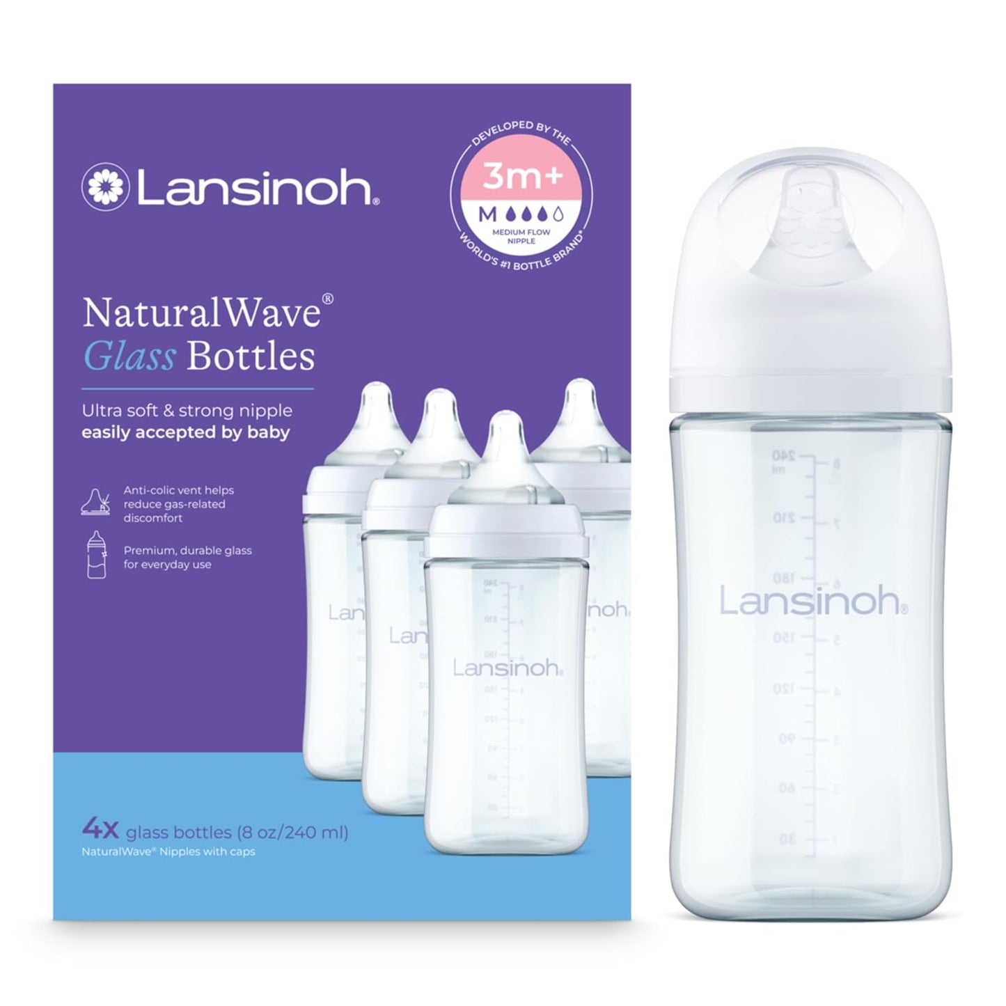 Glass Baby Bottles, Anti-Colic, White, 8Oz, 4 Count, with Medium Flow Nipples (Size M, 3-6 Months), Baby Feeding Essentials