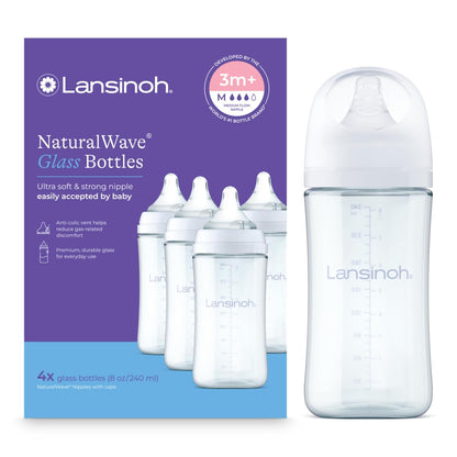 Glass Baby Bottles, Anti-Colic, White, 8Oz, 4 Count, with Medium Flow Nipples (Size M, 3-6 Months), Baby Feeding Essentials