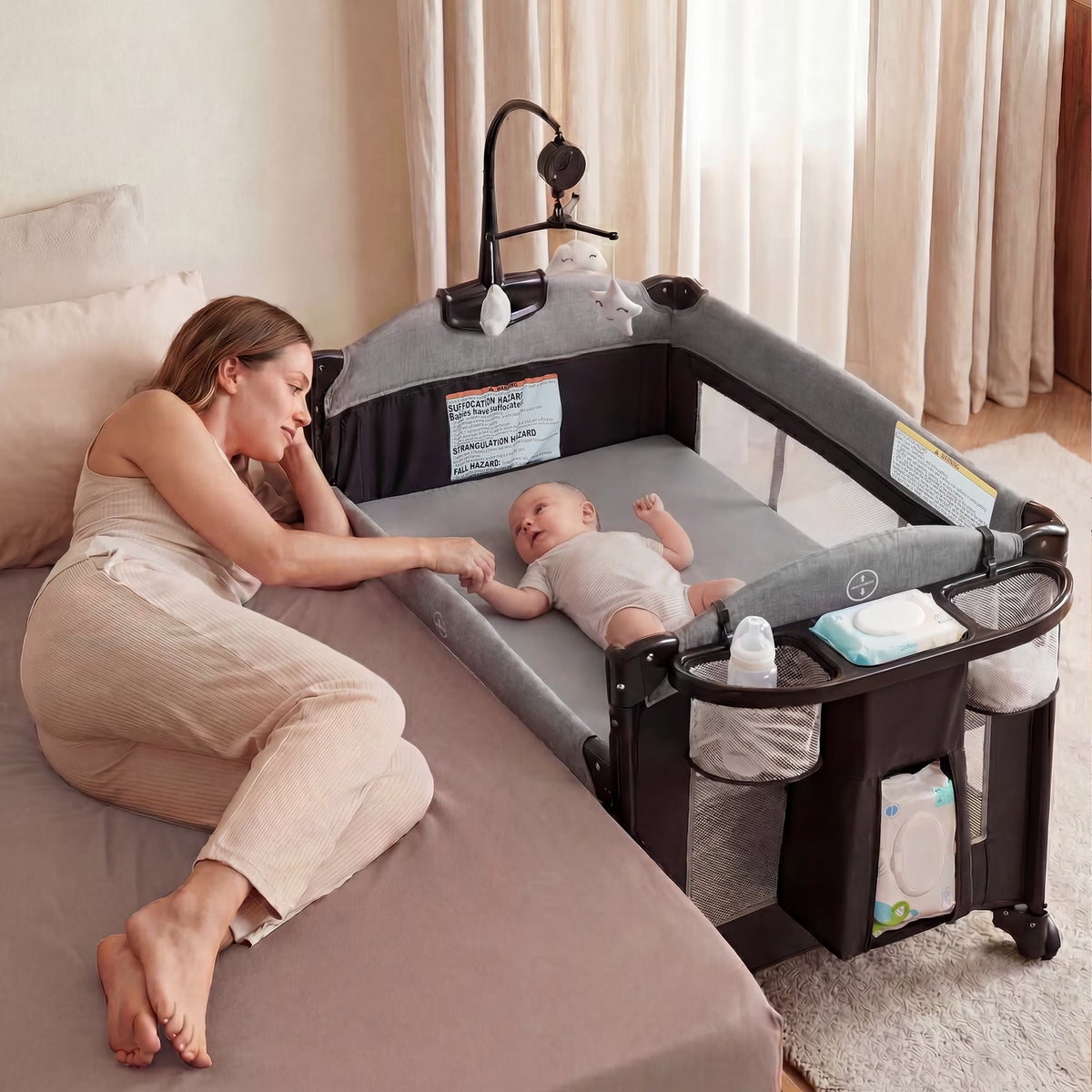 Foldable Baby Bedside Crib Bassinet, Infant Pack and Play Playard, Newborn Playpen Changing Table,Gray