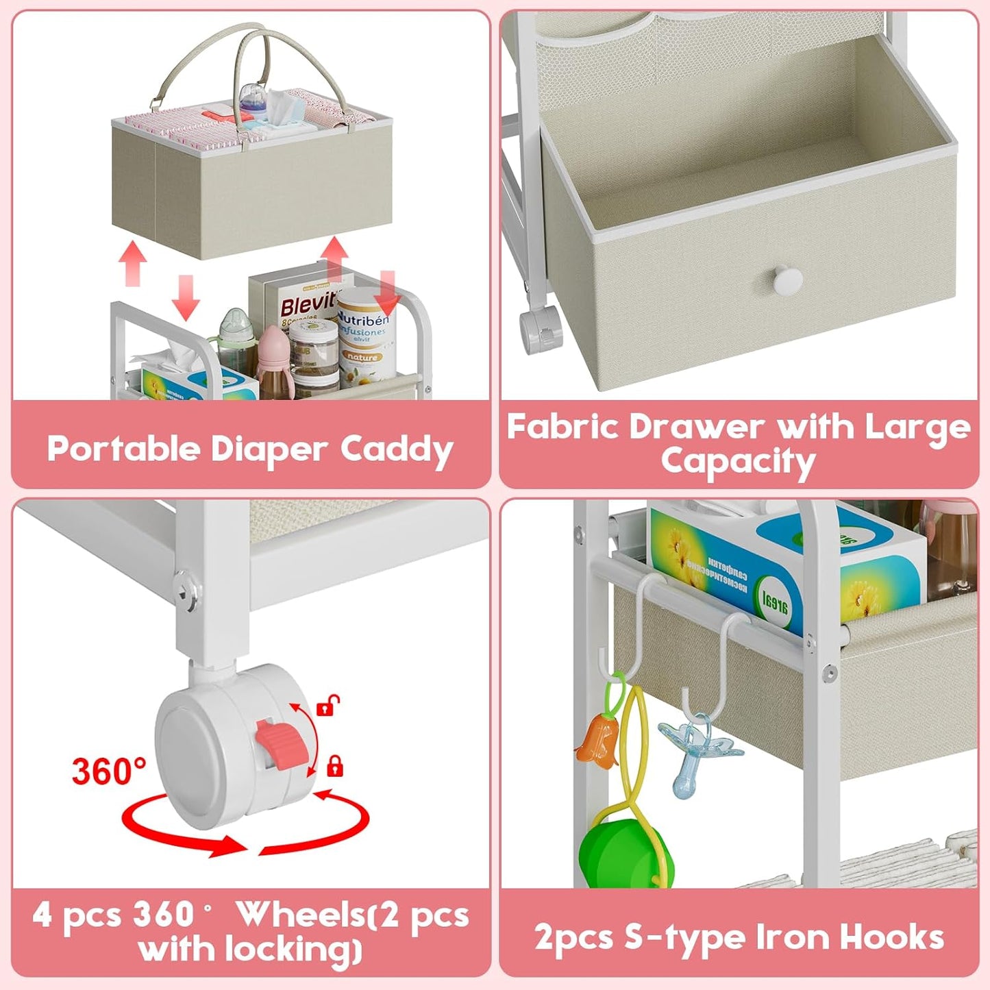 2In1 Baby Diaper Caddy Organizer and Storage, 3 Tier Rolling Cart with Drawer, Detachable Dividers, Mobile Utility Cart Baby Dresser Clothes Organizer for Baby Essentials, Bedroom, Nursery