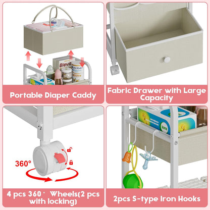 2In1 Baby Diaper Caddy Organizer and Storage, 3 Tier Rolling Cart with Drawer, Detachable Dividers, Mobile Utility Cart Baby Dresser Clothes Organizer for Baby Essentials, Bedroom, Nursery