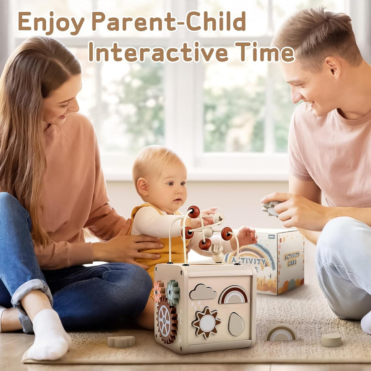 Montessori Toys for 1 Year Old, Activity Cube for for Toddler 1-3 | 5 in 1 Wooden Activity Cube - Bead Maze/Xylophone/Clock/Shape Sorter/Spinning Gears, Fully Assembled, 1St Christmas Birthday