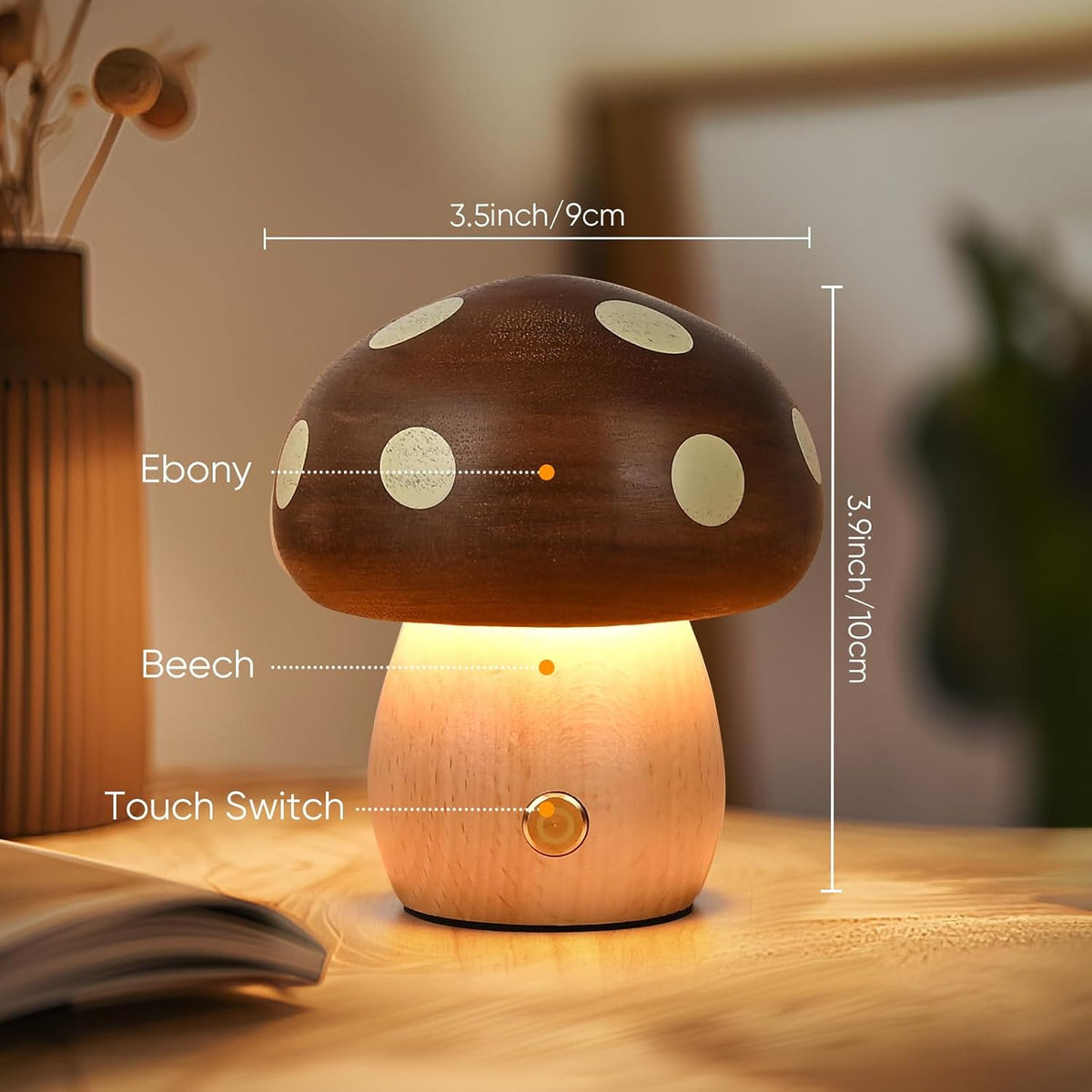 2Pack Wood Small Mushroom Table Lamp, LED Rechargeable Cordless Touch Bedside Lamps, Wireless Stepless Dimming Night Light, Portable Battery Lamp for Bedroom Nightstand for Birthday Gifts