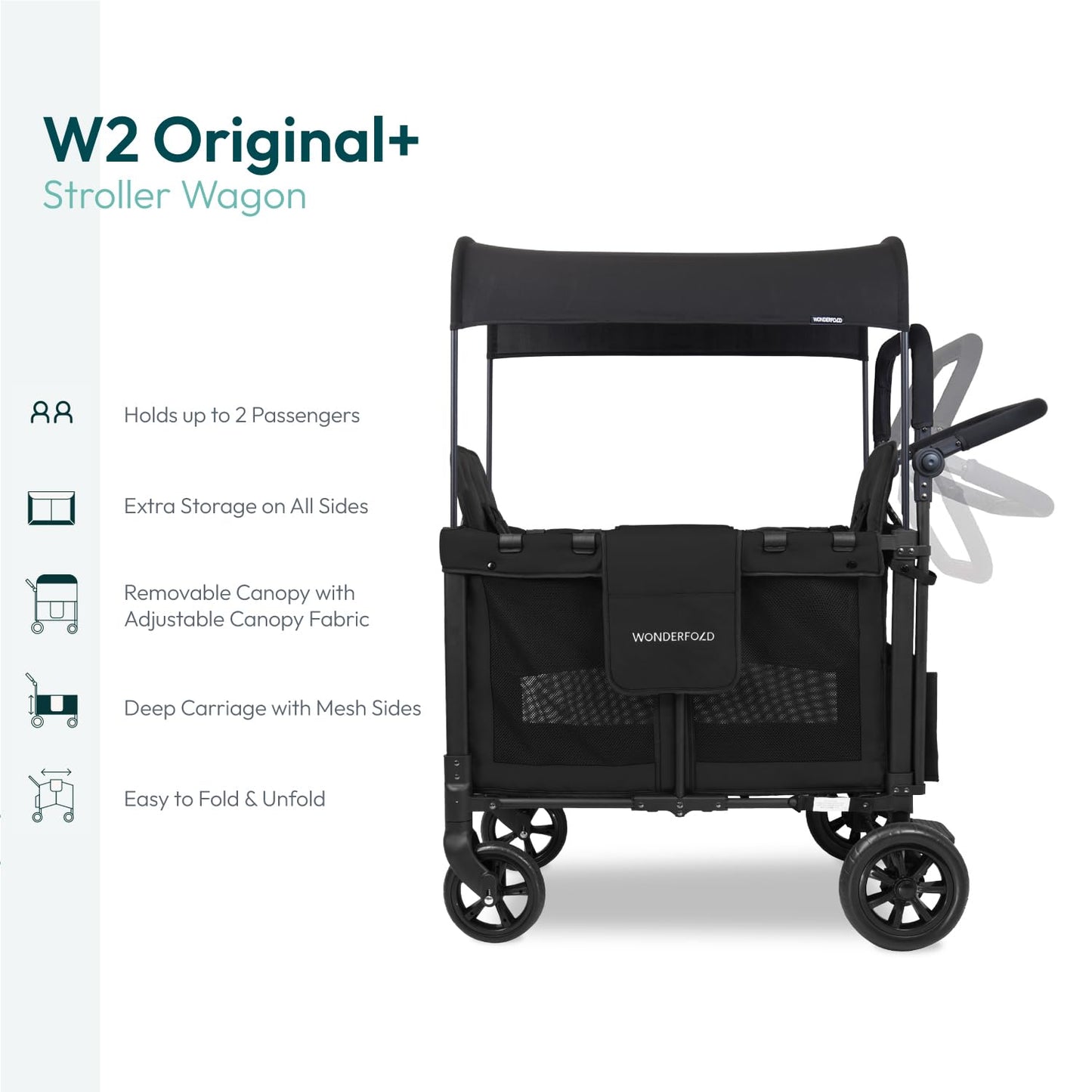 W2 Stroller Wagon, Steel Frame, 2 Seater, Black | Foldable Wagon with an Adjustable Canopy & Push Handle, All-Terrain Wheels & 5-Point Harnesses for Babies, Toddlers & Kids