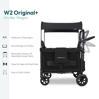 W2 Stroller Wagon, Steel Frame, 2 Seater, Black | Foldable Wagon with an Adjustable Canopy & Push Handle, All-Terrain Wheels & 5-Point Harnesses for Babies, Toddlers & Kids
