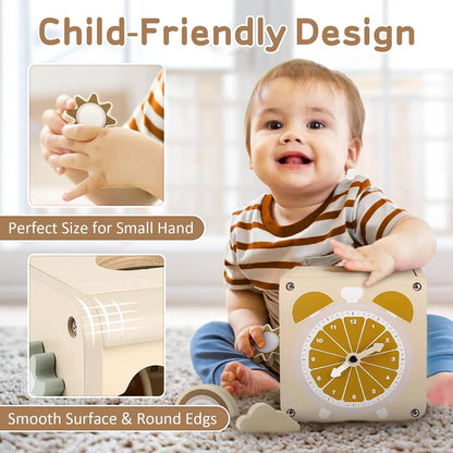 Montessori Toys for 1 Year Old, Activity Cube for for Toddler 1-3 | 5 in 1 Wooden Activity Cube - Bead Maze/Xylophone/Clock/Shape Sorter/Spinning Gears, Fully Assembled, 1St Christmas Birthday