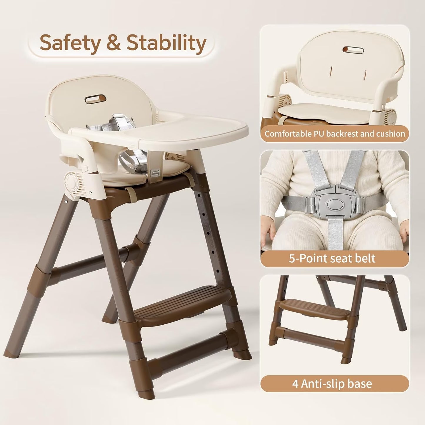 Foldable High Chair for Baby, Easy-To-Clean Feeding Chair with Removable Tray, Adjustable Legs and Seat Belt for Infant Toddlers,Beige