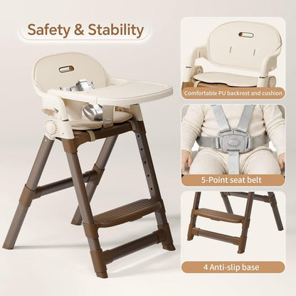 Foldable High Chair for Baby, Easy-To-Clean Feeding Chair with Removable Tray, Adjustable Legs and Seat Belt for Infant Toddlers,Beige