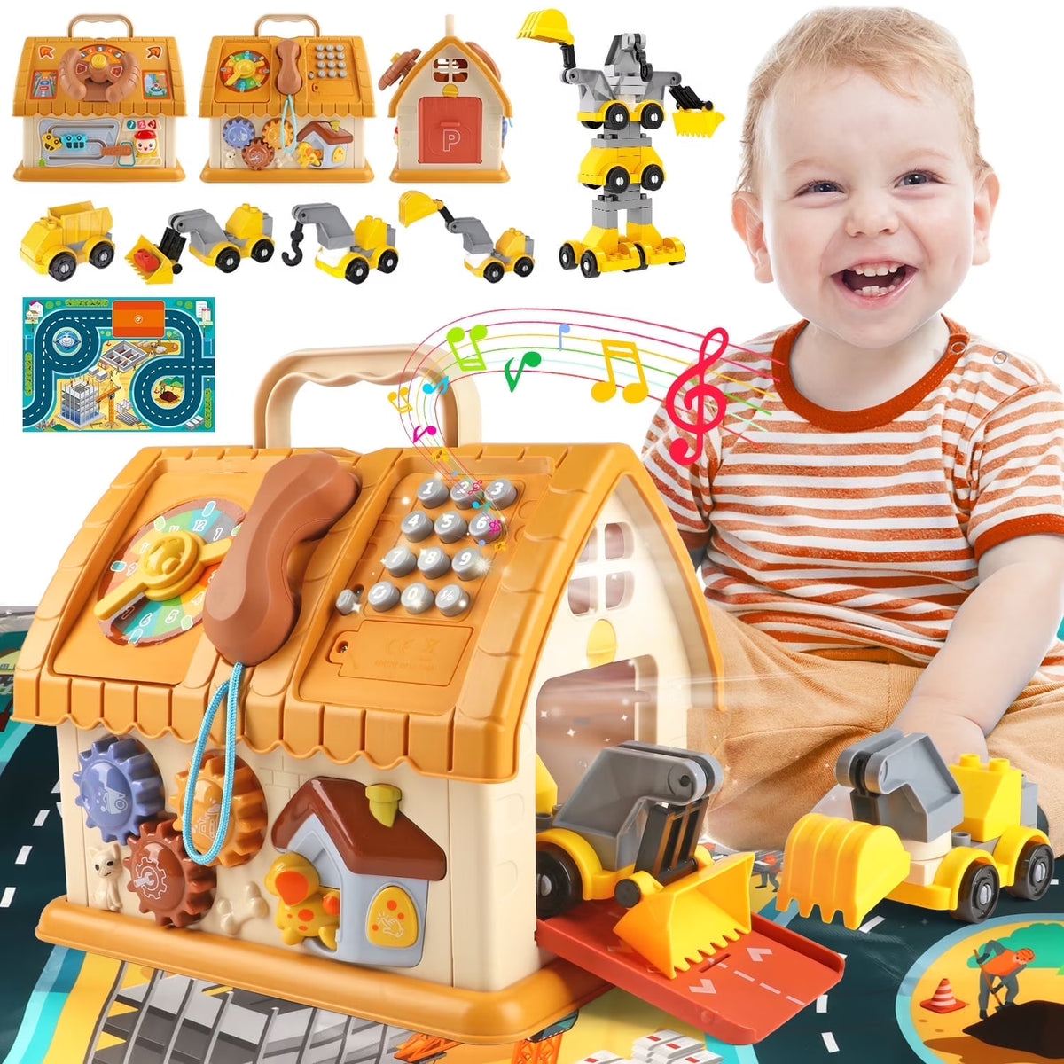 Toddler Montessori Toys for 1+ Year Old, 8-In-1 Multi-Functional Learning House, with 4 Building Cars and Map, Sound & Light Early Educational Kids Christmas Gifts