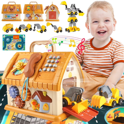 Toddler Montessori Toys for 1+ Year Old, 8-In-1 Multi-Functional Learning House, with 4 Building Cars and Map, Sound & Light Early Educational Kids Christmas Gifts