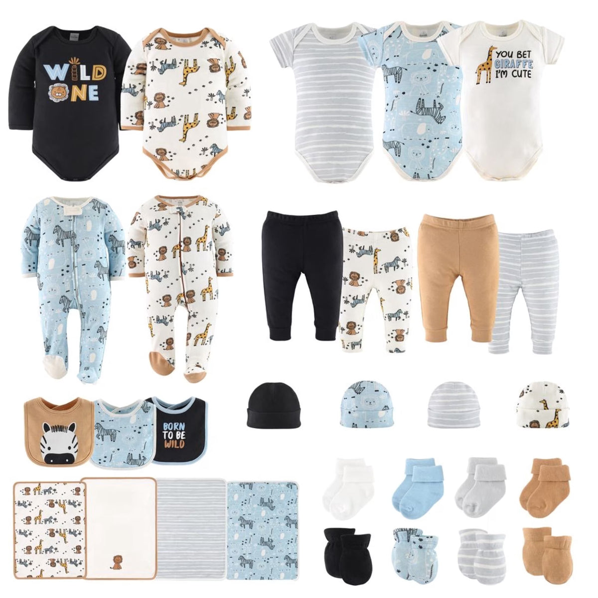 Baby Boy Blue Safari Cotton Layette Gift Set, Baby Clothes Essentials, 30-Piece
