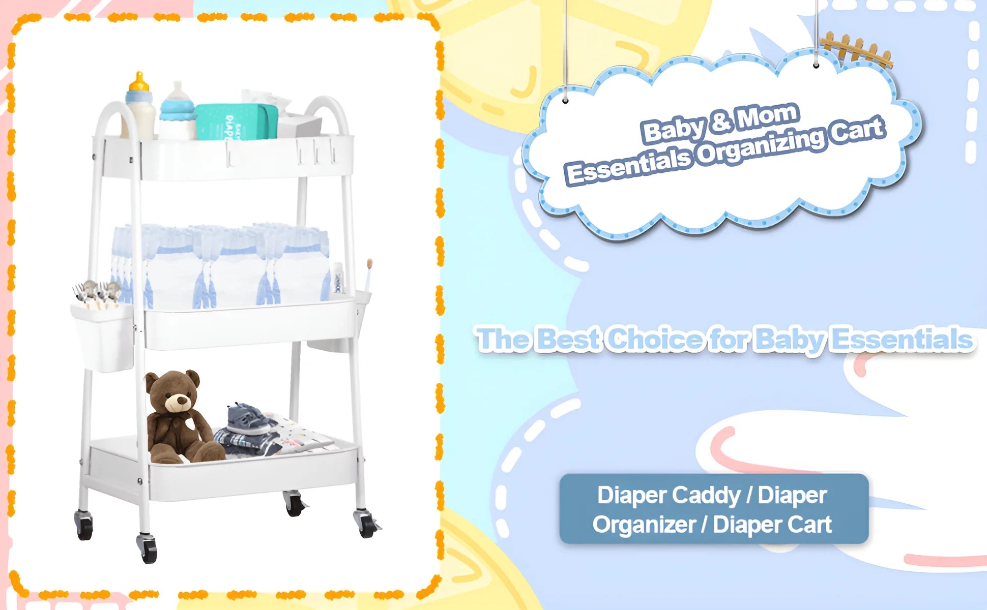 Baby Diaper Caddy Cart Metal Nursery Storage Organizer 3-Tier Rolling Cart Organizer for Diapers and Baby Wipes Newborn Essentials Storage Cart (White)
